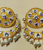 Yellow Pink Chandbali Meenakari Kundan Pearl Earrings Set