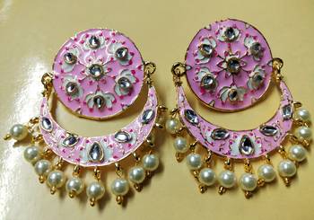 Magenta Pink Chandbali Meenakari Kundan Pearl Earrings Set 1