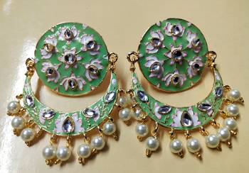 Mint Green Pink Chandbali Meenakari Kundan Pearl Earrings Set 1