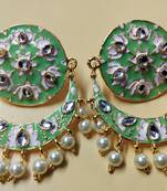 Mint Green Pink Chandbali Meenakari Kundan Pearl Earrings Set