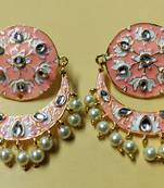 Peech Pink Chandbali Meenakari Kundan Pearl Earrings Set