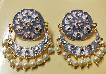 Grey Pink Chandbali Meenakari Kundan Pearl Earrings Set 1