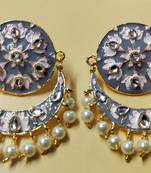 Grey Pink Chandbali Meenakari Kundan Pearl Earrings Set