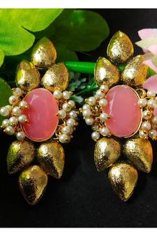 Ethnic Indian Bollywood Indo Western Peech Pink Kundan Pearl Earrings Set
