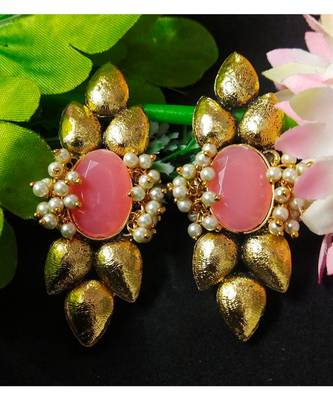 Ethnic Indian Bollywood Indo Western Peech Pink Kundan Pearl Earrings Set 1