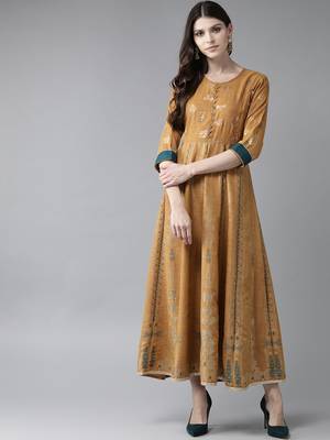 Mustard printed rayon long-kurtis 1