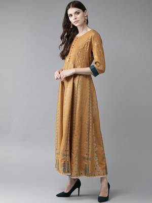Mustard printed rayon long-kurtis 3
