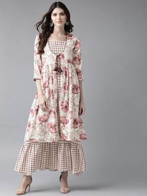 Pink printed cotton long-kurtis 1