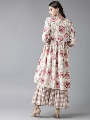 Pink printed cotton long-kurtis 2