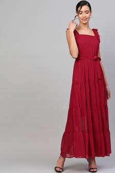 Red Strappy Frill Tiered Maxi