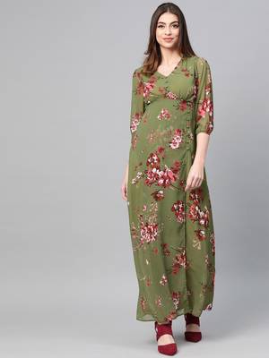 Olive Floral V-Neck Floral Maxi Dress 1