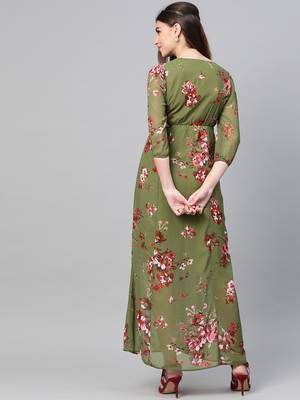 Olive Floral V-Neck Floral Maxi Dress 3