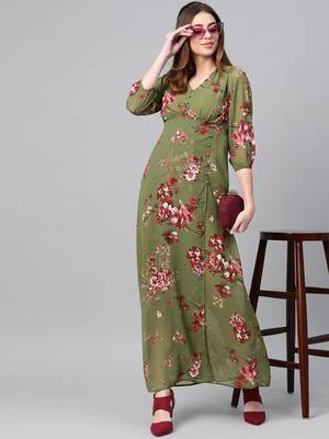 Olive Floral V-Neck Floral Maxi Dress 4