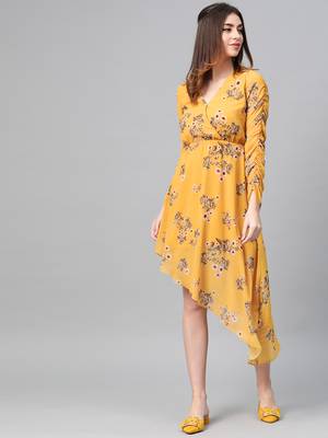 Mustard Floral Wrap Asymmetric Dress 1