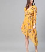 Mustard Floral Wrap Asymmetric Dress