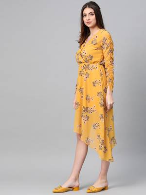 Mustard Floral Wrap Asymmetric Dress 2