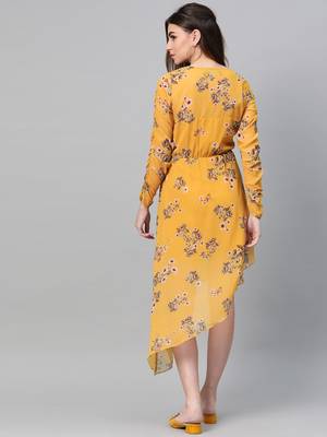 Mustard Floral Wrap Asymmetric Dress 3