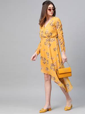 Mustard Floral Wrap Asymmetric Dress 4