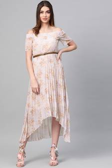 Lavender Floral Off Shoulder High Low Pleated Dress