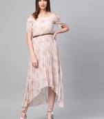 Lavender Floral Off Shoulder High Low Pleated Dress