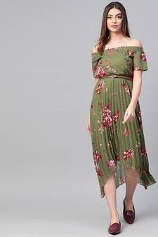 Olive Floral Off Shoulder High Low Pleated Dress
