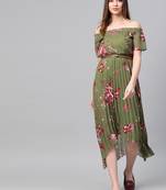 Olive Floral Off Shoulder High Low Pleated Dress