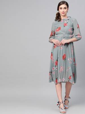 Steel Blue Floral Peterpan Collar Pleated Dress 1