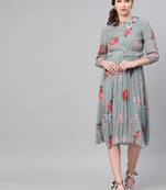 Steel Blue Floral Peterpan Collar Pleated Dress