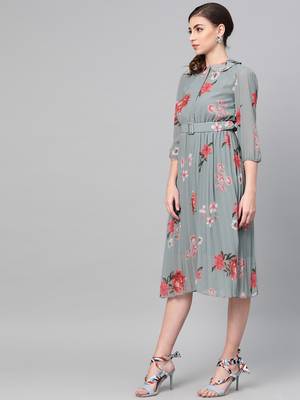 Steel Blue Floral Peterpan Collar Pleated Dress 2