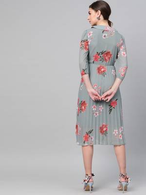 Steel Blue Floral Peterpan Collar Pleated Dress 3