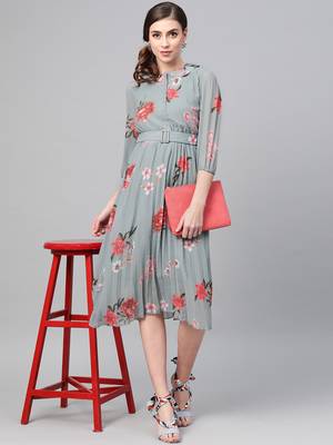 Steel Blue Floral Peterpan Collar Pleated Dress 4