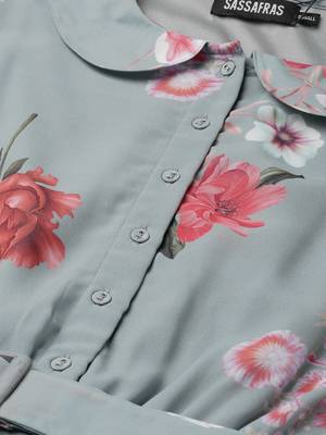 Steel Blue Floral Peterpan Collar Pleated Dress 5