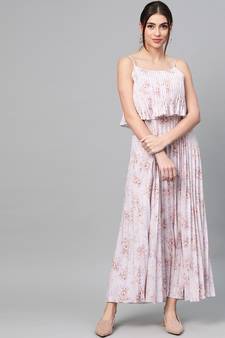 Lavender Floral Strappy Pleated Maxi Dress