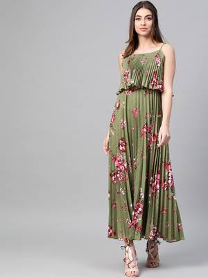 Olive Floral Strappy Pleated Maxi Dress 1