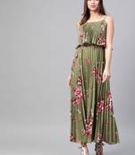 Olive Floral Strappy Pleated Maxi Dress