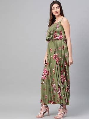 Olive Floral Strappy Pleated Maxi Dress 2