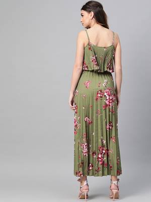 Olive Floral Strappy Pleated Maxi Dress 3