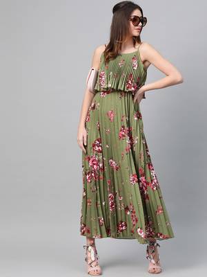 Olive Floral Strappy Pleated Maxi Dress 4