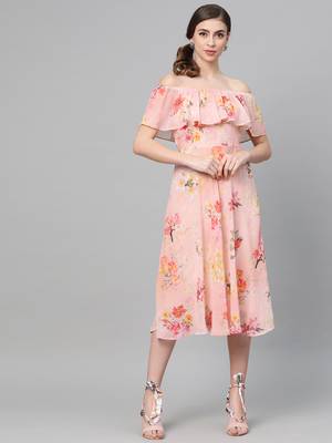Peach Floral Off Shoulder Midi Dress 1