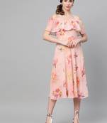 Peach Floral Off Shoulder Midi Dress