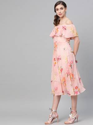 Peach Floral Off Shoulder Midi Dress 2