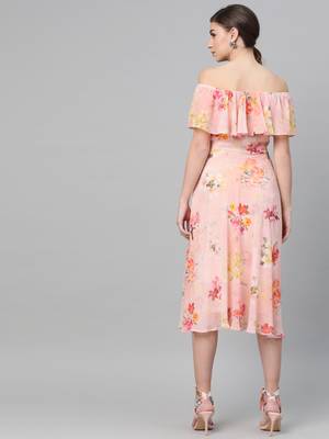 Peach Floral Off Shoulder Midi Dress 3