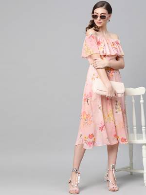 Peach Floral Off Shoulder Midi Dress 4