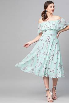 Sea Green Floral Off Shoulder Midi Dress