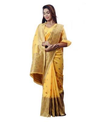 Yellow woven banarasi saree with blouse 1