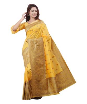 Yellow woven banarasi saree with blouse 2