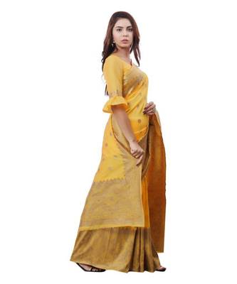 Yellow woven banarasi saree with blouse 4