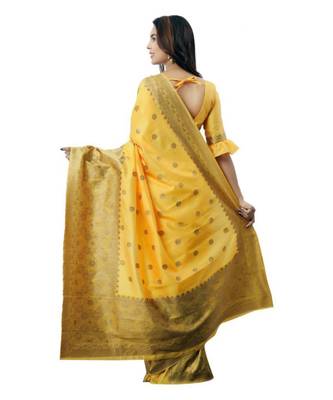 Yellow woven banarasi saree with blouse 5