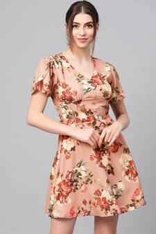 Peach Floral Flared Skater Dress