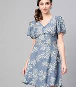 Dark Blue Floral Flared Skater Dress